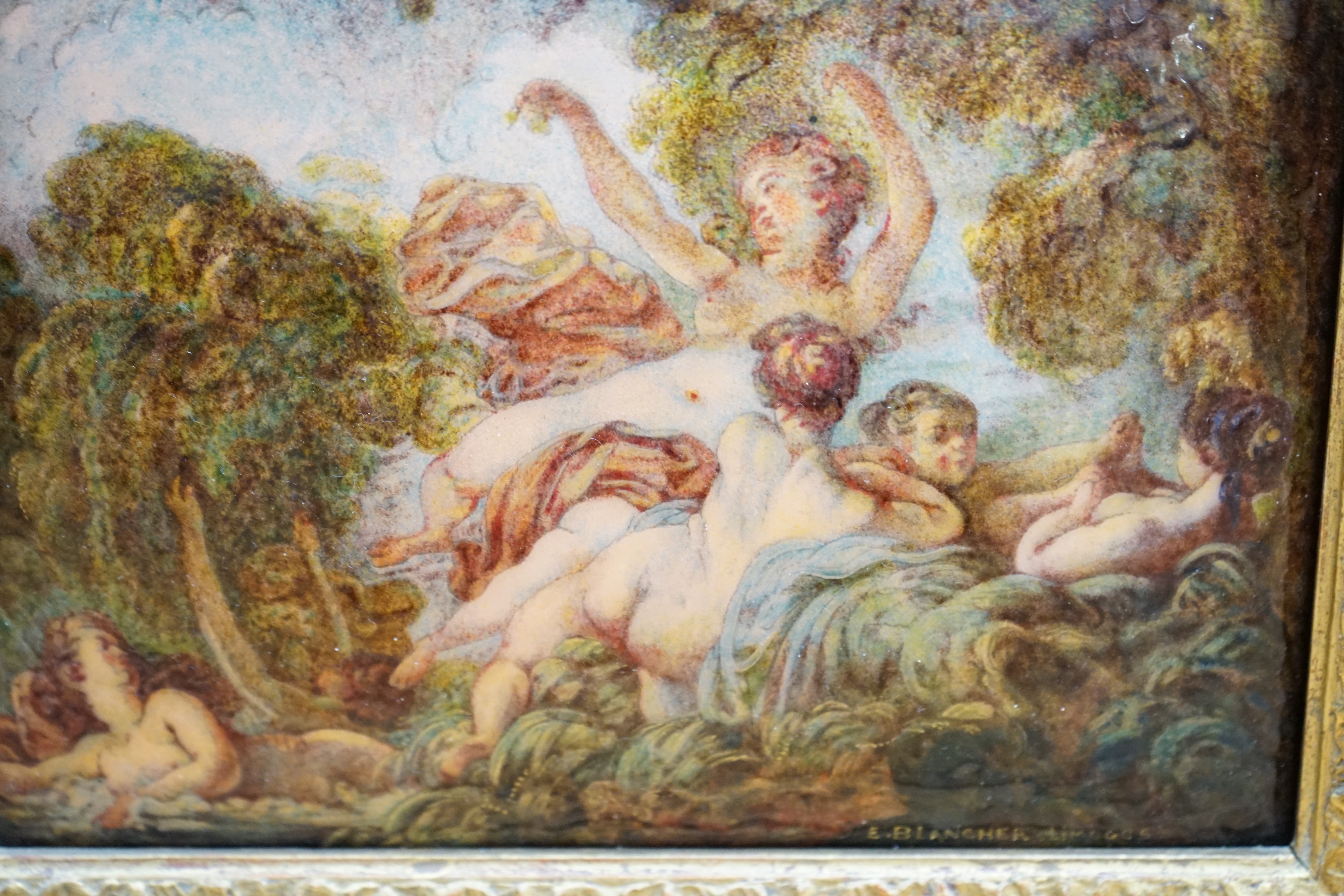 Ernest Blancher (1855-1935) After Jean-Honoré Fragonard (French, 1732-1806) Limoges convex plaque enamelled with nude females amongst foliage, signed, French 1923 Exhibition label verso, 17 x 23cm, ornate gilt framed